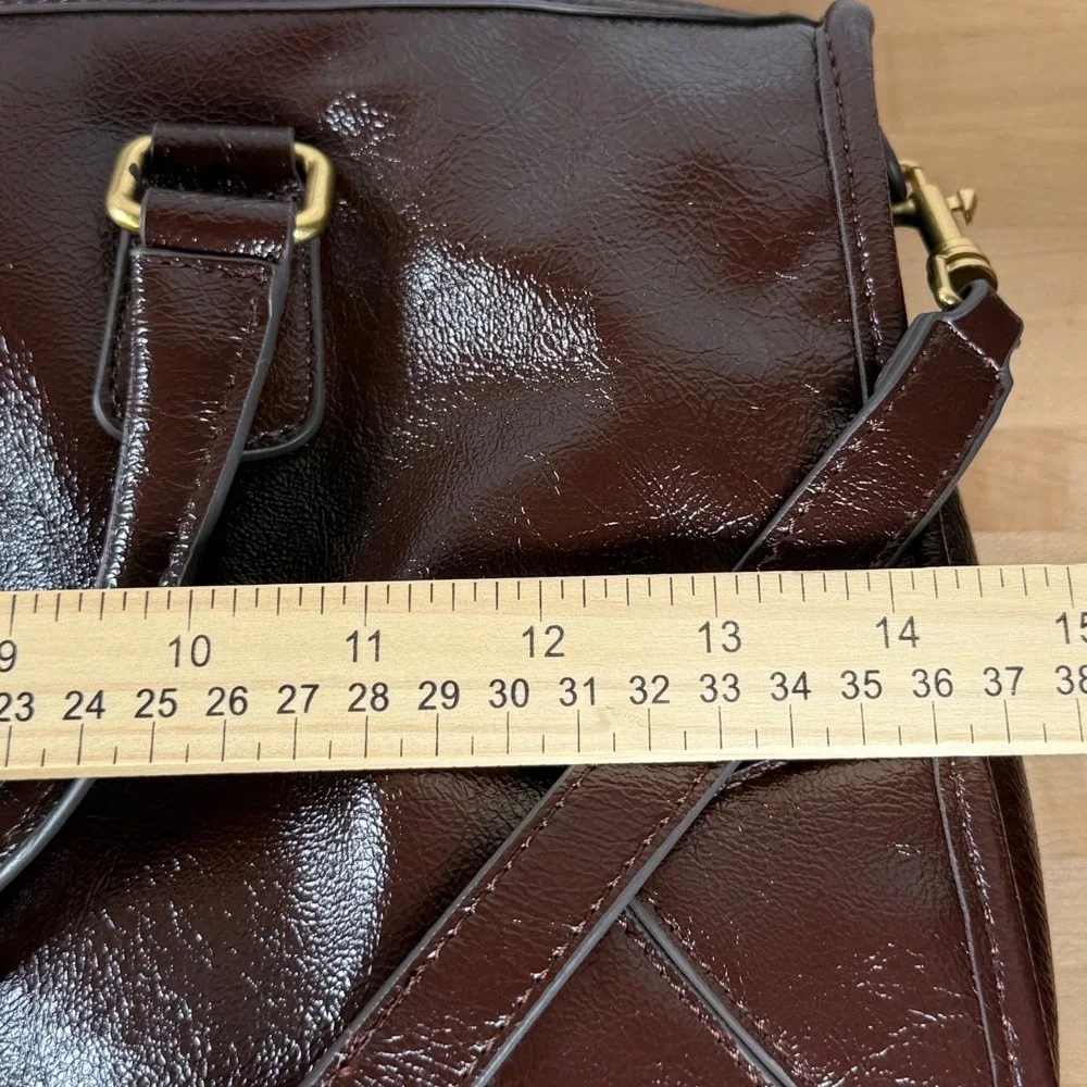 MNG Mango Burgundy Patent Satchel Crossbody Bag Gold Hardware Padlock Detail